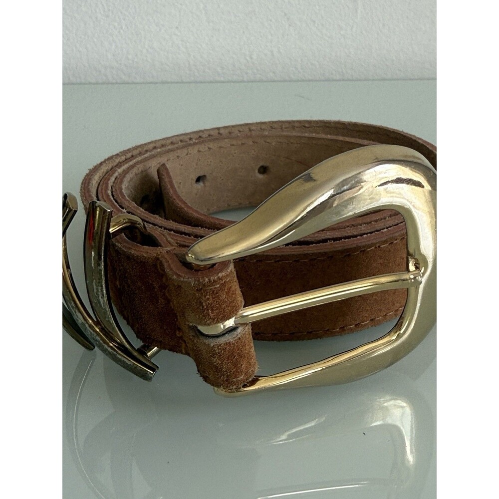 Vintage 1986 PEARL Brown Leather Belt Gold Tone Statement Buckle Made in US